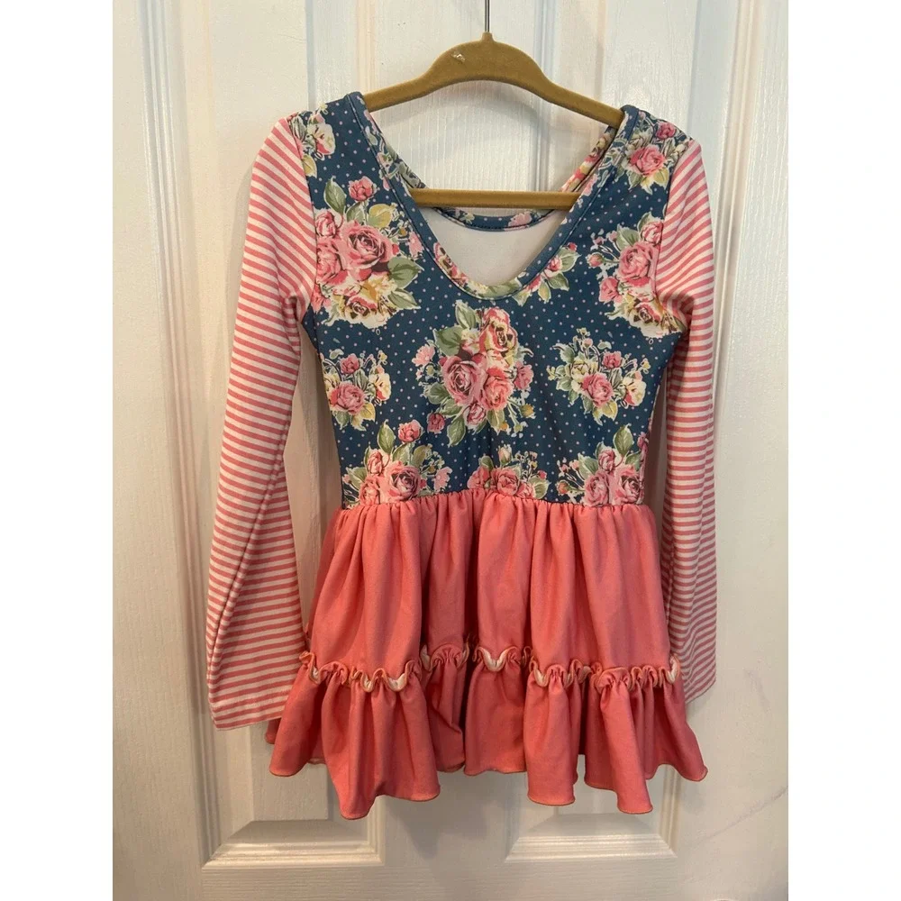Cheeky Plum Leotard Dress Pink Floral Striped Ruffle Long Sleeve 4T‎ Boutique